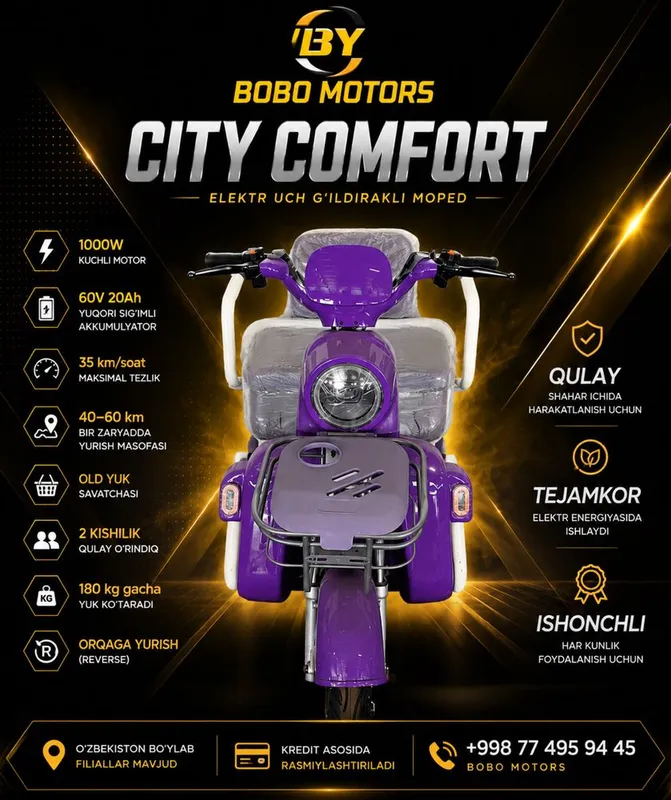 Elektr uch g'ildirakli moped- Bobo Motors 3 Elektr uch g'ildirakli moped- Bobo Motors 3