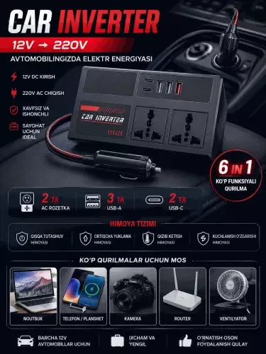 Avtomobil invertori, 4 ta USB portli rozetka,