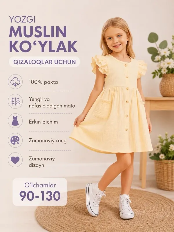 Платье для девочек, муслин, 100% хлопок, на лето — фото 3 Платье для девочек, муслин, 100% хлопок, на лето — фото 3