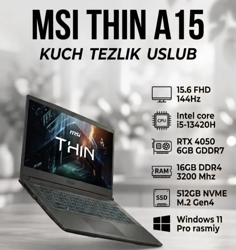 MSI THIN A 15 i5 13420. noutbook sotiladi. Qarshi. 2 MSI THIN A 15 i5 13420. noutbook sotiladi. Qarshi. 2