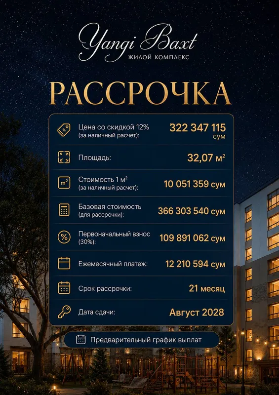 1-комнатная. Первый взнос 110 млн, 21 мес по 12,2 млн 1