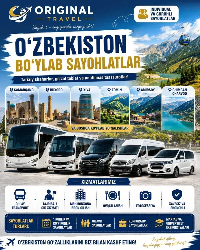 Turizm xizmatlari o'zbeksiton bo'ylab sayohat.