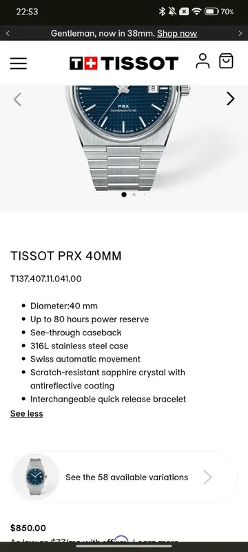 TISSOT PRX 40mm original soat — фото 5