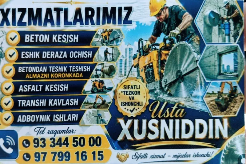 Beton kesish buzish almazni karonkada teshish adboynikda dalbet ishla 1 Beton kesish buzish almazni karonkada teshish adboynikda dalbet ishla 1