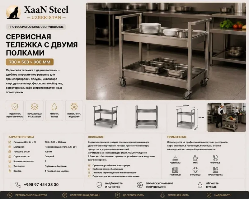 Сервисная тележка с двумя полками Размер: 700×500×900 мм Нержавейка