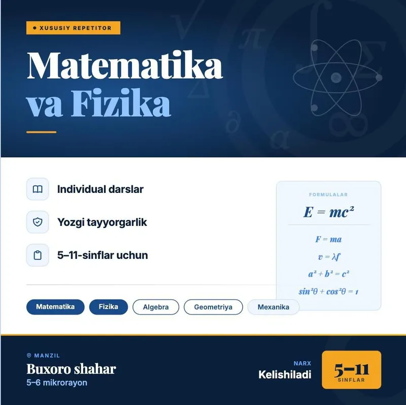 Yozgi repetitorlik | Matematika & Fizika | Individual darslar
