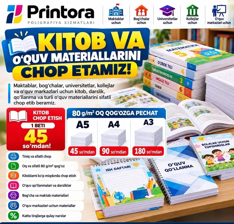 Kitob chop etish 45 so'mdan 1 Kitob chop etish 45 so'mdan 1