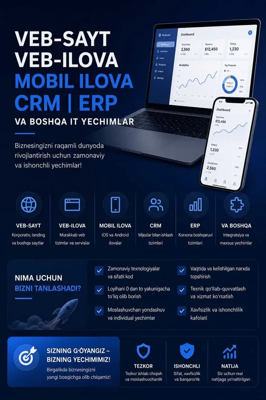 Vebsayt, veb ilova, mobil ilova, CRM, ERP va boshqalar #aytishnik