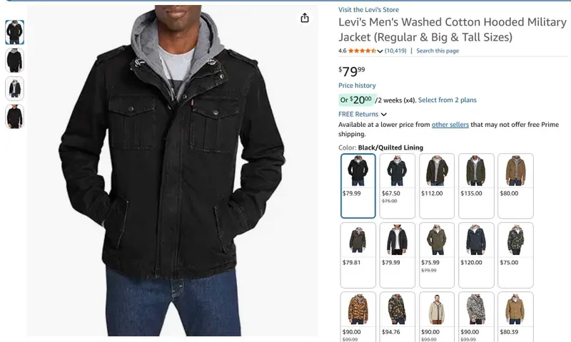 Levi's Men's Washed Cotton Hooded Military Jacket — фото 4