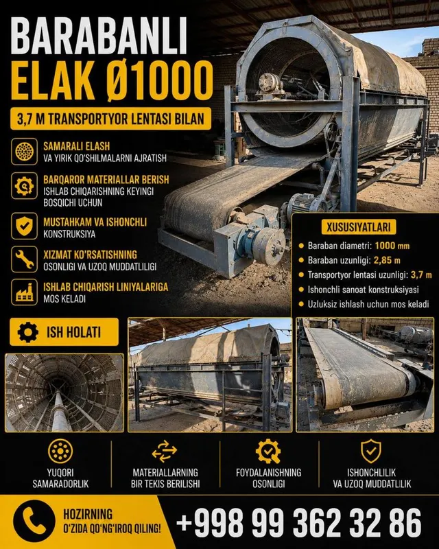 Ø1000 barabanli elak (uzunligi 2,85 m) va 3,7 m transportyor lentasi Ø1000 barabanli elak (uzunligi 2,85 m) va 3,7 m transportyor lentasi