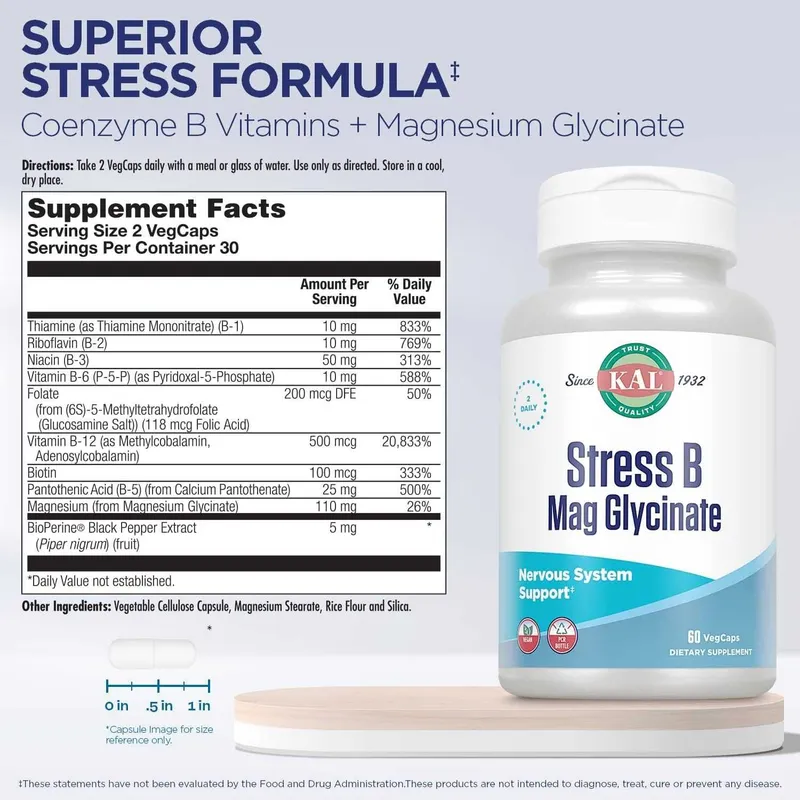 Б Комплекс+ Магний Глицинат KAL Stress B Magnesium Glycinate 60 веган — фото 1