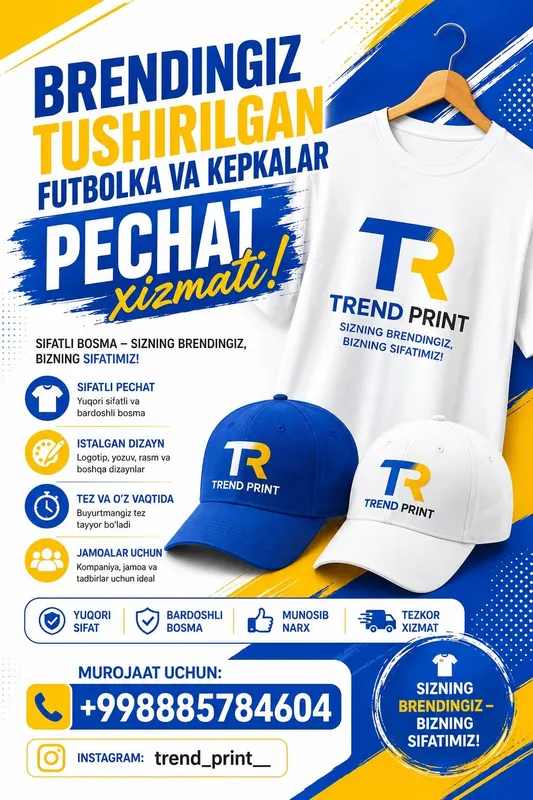 Futbolka va kepkalarga pechat qilish xizmati