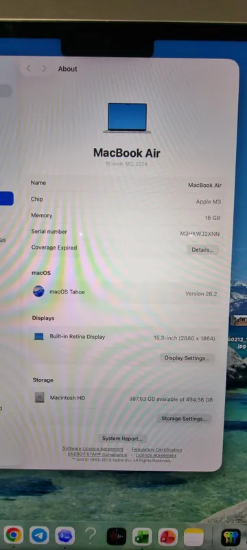 MacBook Air, ekran 15.3 Retina UHD, operativka 16GB, xotira 500GB SSD 6