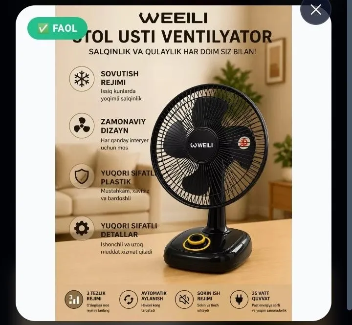 WEILI stol usti ventilyatori 3 tezlik 250000 so'm