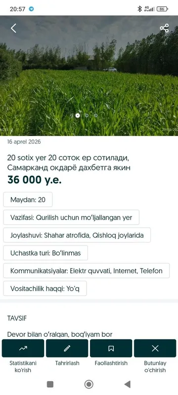 20 sotix yer 20 соток ер сотилади, Самарканд окдарё дахбетга якин