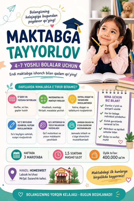 Maktabga tayyorlov” mashg‘ulotlariga taklif qilamiz! Maktabga tayyorlov” mashg‘ulotlariga taklif qilamiz!