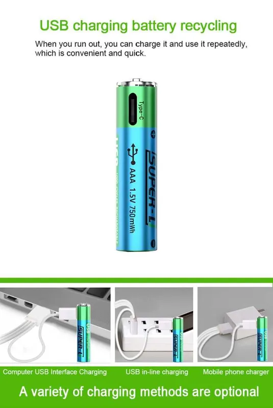 2 штук АА Li-ion батарейки 1.5V 2500 mWh USB с USB кабель (Super-L) — фото 4