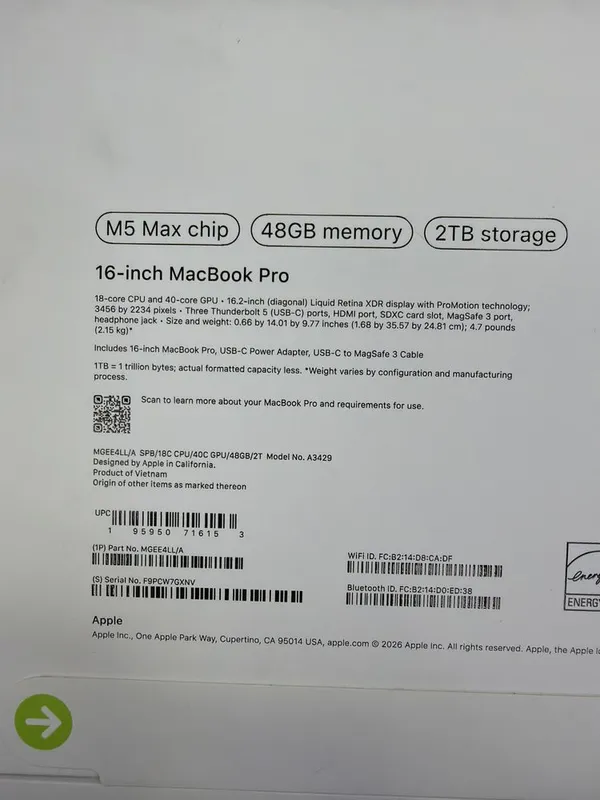 Macbook Pro 16 m5 max 48/2tb