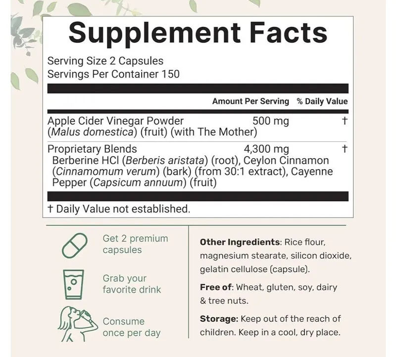 Apple cider vinegar,olma sirkasi, 300 ta kapsula, berberine,4800 mg — фото 2