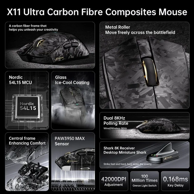 [Мишка] ATTACK SHARK X11 ULTRA Carbon Fiber Wireless 8K PAW3950MA — фото 5