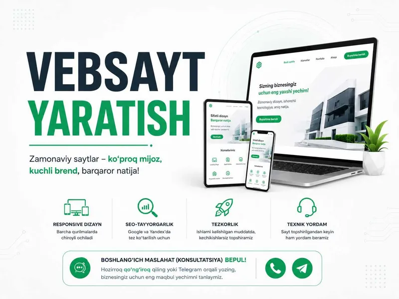 Professional Veb-sayt Yaratish | Landing, Korporativ, Do'kon, Vizitka