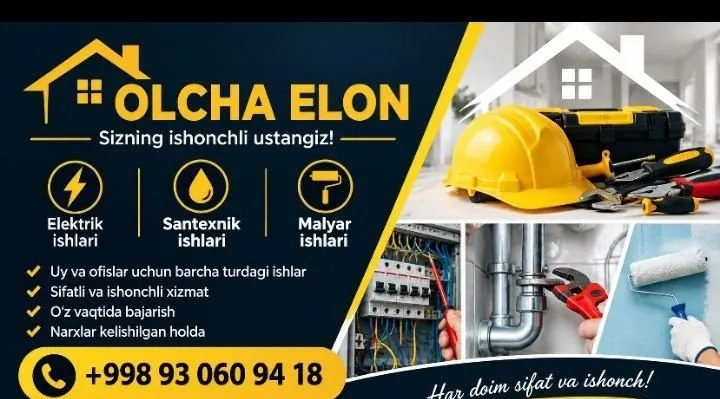 Santexnik ekektik Malyar ishlarini qilamiz Santexnik ekektik Malyar ishlarini qilamiz