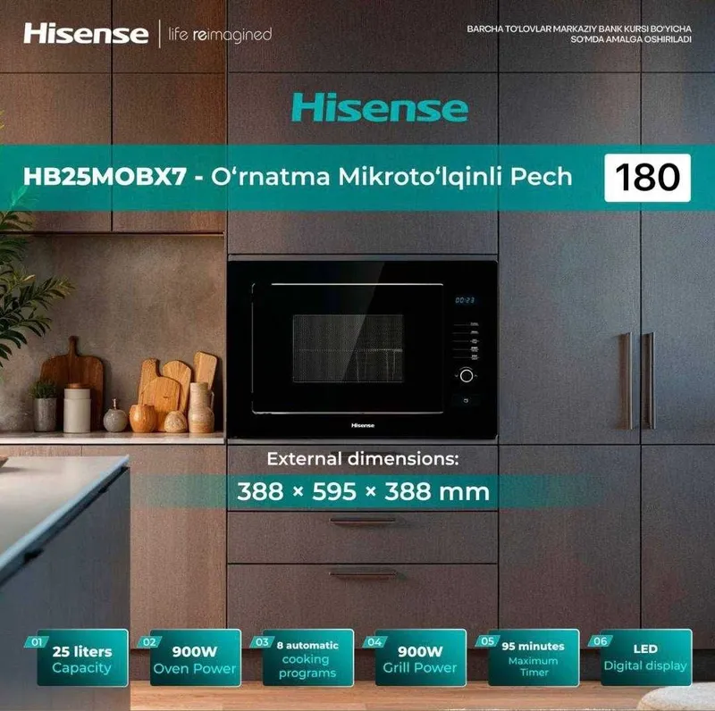 Встраиваемая микроволновая печь Hisense HB25MOBX7 25 л +гриль — фото 2