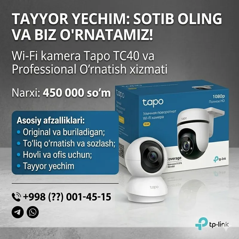Wi-Fi kamera Tapo TC40 va Professional O‘rnatish xizmati — фото 1 Wi-Fi kamera Tapo TC40 va Professional O‘rnatish xizmati — фото 1