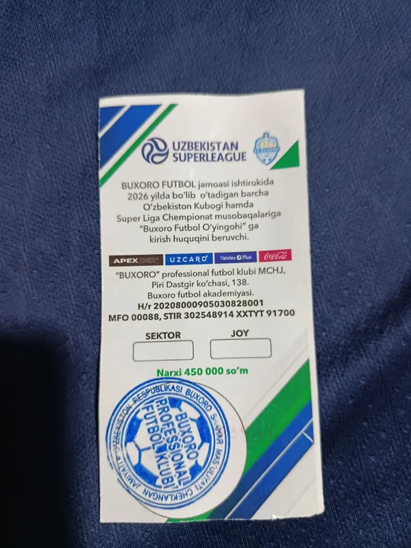 Buxoro pfk futbol klubi oʻyinlariga bir yillik chipta sotiladi 1 Buxoro pfk futbol klubi oʻyinlariga bir yillik chipta sotiladi 1