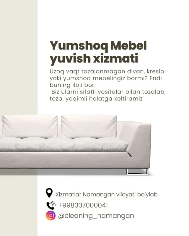 Mebel tozalash xizmati Namangan viloyati bo'ylab 1 Mebel tozalash xizmati Namangan viloyati bo'ylab 1