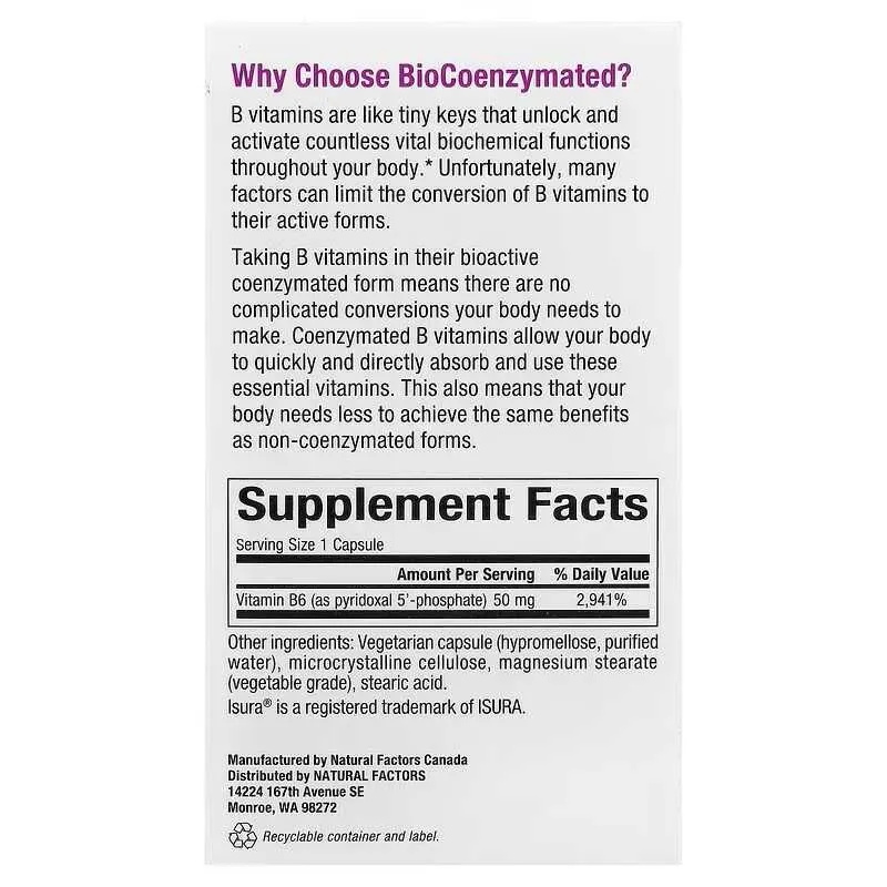 Natural Factors Pyridoxal 5-Phosphate BioCoenzymated B6, пиридоксаль 3 Natural Factors Pyridoxal 5-Phosphate BioCoenzymated B6, пиридоксаль 3