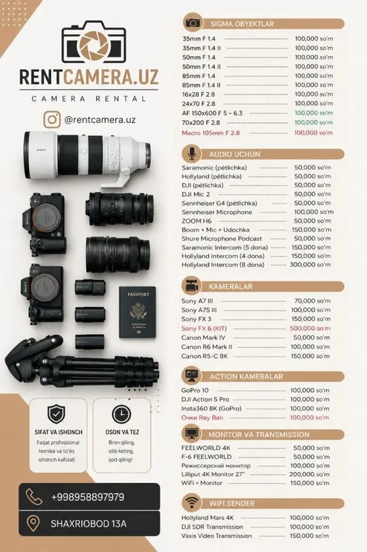 Foto va video suratga olish uchun professional uskunalar ijarasi. 1 Foto va video suratga olish uchun professional uskunalar ijarasi. 1