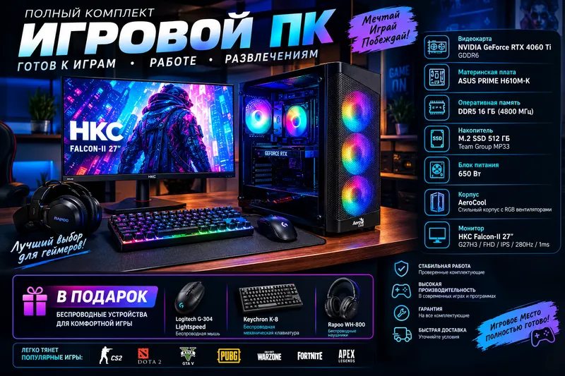 RTX 4060 Ti o‘yin kompyuteri + 280 Gts monitor 1 RTX 4060 Ti o‘yin kompyuteri + 280 Gts monitor 1