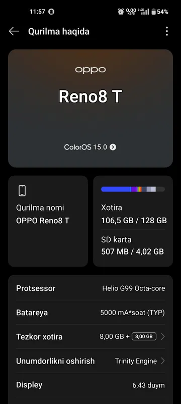 OPPO Reno 8 T  xotirasi 128  ram 8+8=16Gb — фото 1