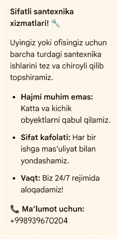 santexnika ishlari boʻlsa aloqa chiqavering 24/7