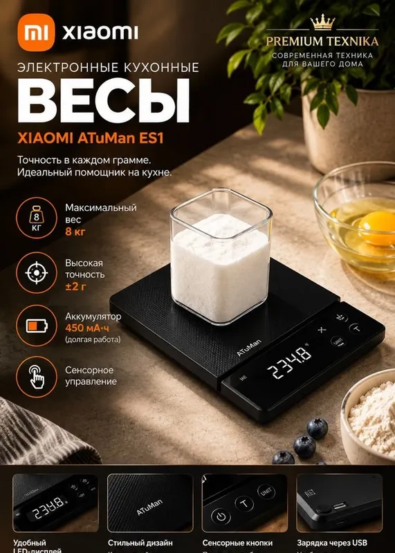 Электронные весы кухонные цифровые Xiaomi ATuMan ES1 USB 8 кг (черный) Электронные весы кухонные цифровые Xiaomi ATuMan ES1 USB 8 кг (черный)