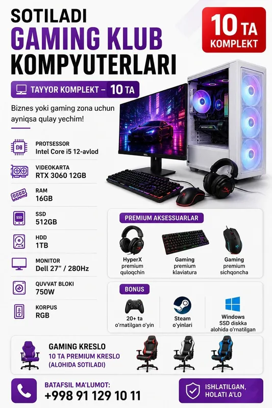 Kompyuterlar sotiladi • Monitor — Dell 27" / 280Hz • Protsessor — Inte