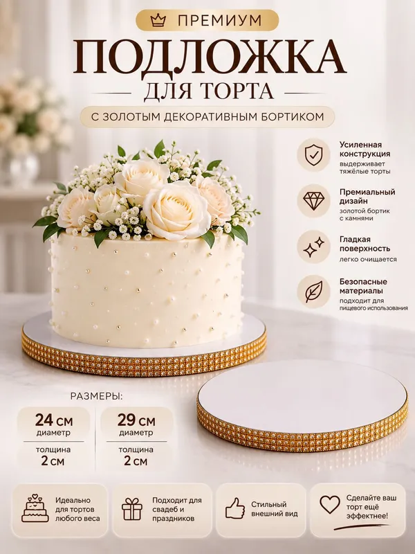 Премиальная подложка для торта с золотым бортиком | Для кондитеров 1