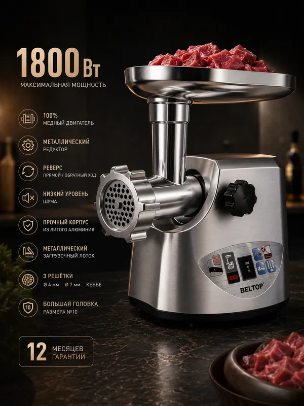 Мясорубка BELTOP Premium, 1800Вт, 100% медная 1