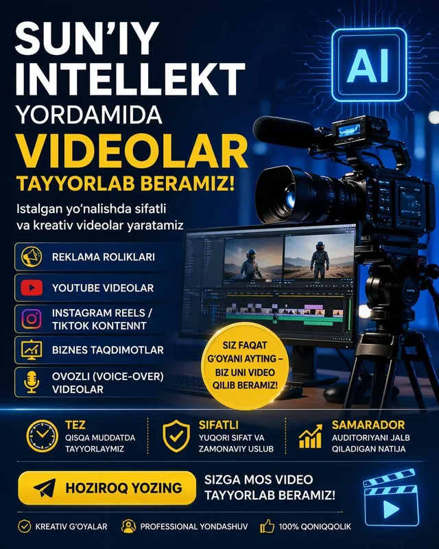 Ai Sun’iy intellekt yordamida PROFESSIONAL videolar tayyorlab beramiz!
