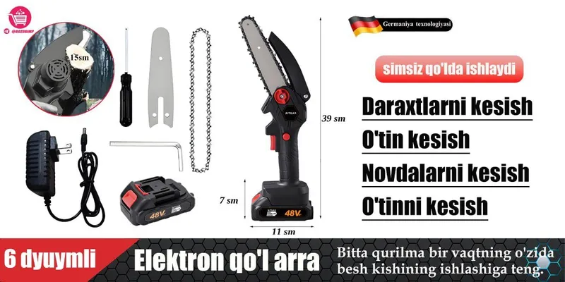 Uy uchun zaryadlanuvchi elektr qo'l arra