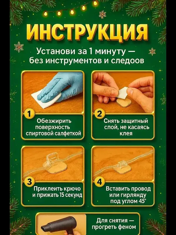 Крючки для гирлянд, проводов, оформления праздников самоклеящиеся 90шт — фото 4
