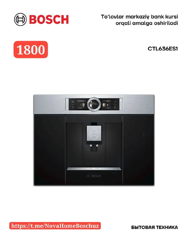Bosch CTL636ES1 8-seriya to‘liq avtomatik o‘rnatiladigan kofemashina Bosch CTL636ES1 8-seriya to‘liq avtomatik o‘rnatiladigan kofemashina