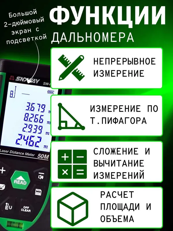 Дальномер лазерный SNDWAY SW-M50G/100G 50/100 метров. Зеленый луч. — фото 1
