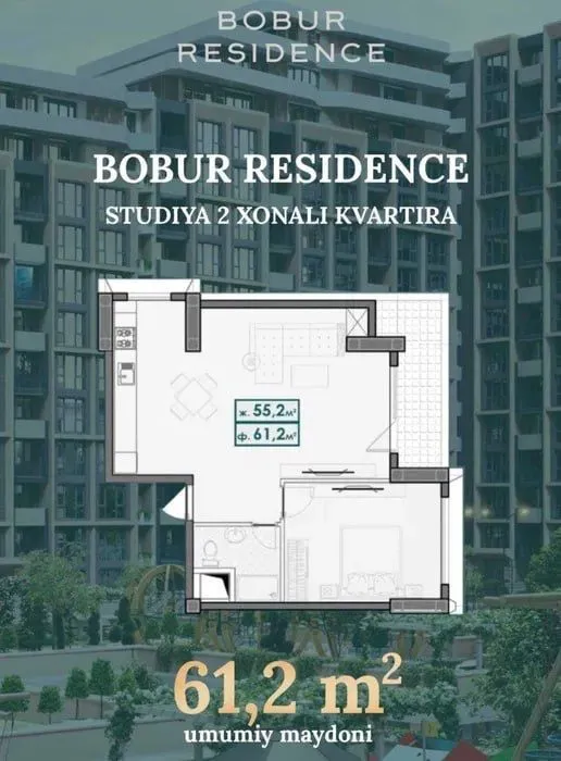 Квартира в ЖК Bobur residence, 61.2м2. Студия разделка.