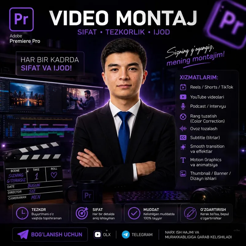 Adobe Premiere Pro professional video montaj xizmatlari