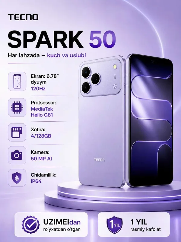 TECNO SPARK 50, 4/128GB, 120Hz, 50MP, 6700 mAh, Uzimedan o'tgan 1 TECNO SPARK 50, 4/128GB, 120Hz, 50MP, 6700 mAh, Uzimedan o'tgan 1