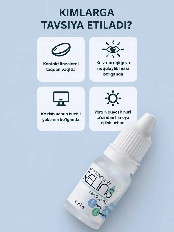 RELINS L-karnitin va L-mentolli namlantiruvchi ko‘z tomchilari, 10 ml. 5 RELINS L-karnitin va L-mentolli namlantiruvchi ko‘z tomchilari, 10 ml. 5
