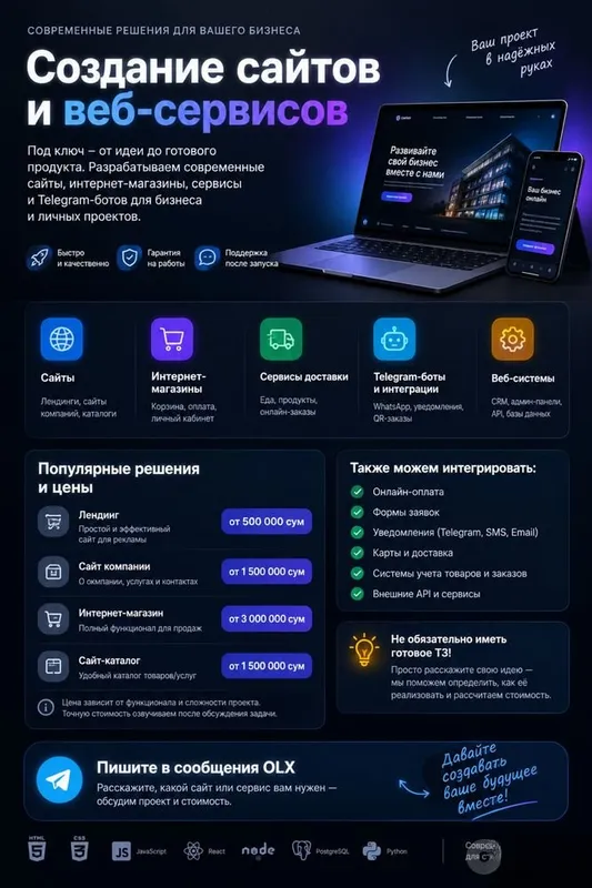 Veb-saytlar yaratish | Onlayn do‘konlar | Telegram-botlar | Veb-xizmatlar Veb-saytlar yaratish | Onlayn do‘konlar | Telegram-botlar | Veb-xizmatlar
