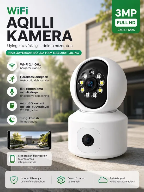 3MP WI-Fi IP kuzatuv kamerasi S51 ikki linzali Full HD,Tungi korish 1 3MP WI-Fi IP kuzatuv kamerasi S51 ikki linzali Full HD,Tungi korish 1